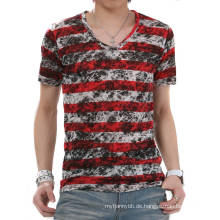 Fashion Dye Streifen V-Ausschnitt Kurzarm Sommer Großhandel Baumwolle Männer T-Shirt